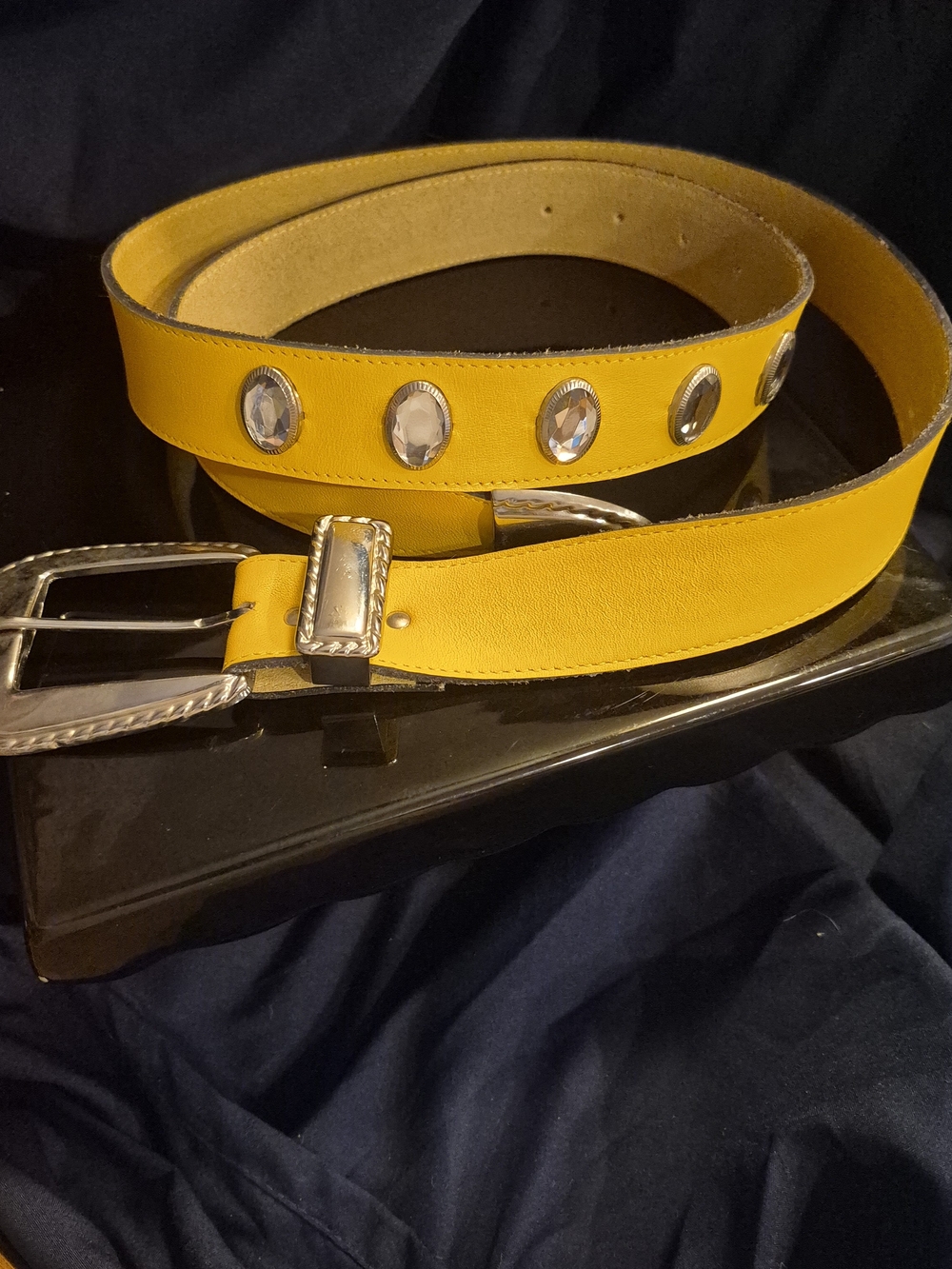 Vintage Karen Kane Yellow Leather Belt with Clear Studs and Silver Buckle